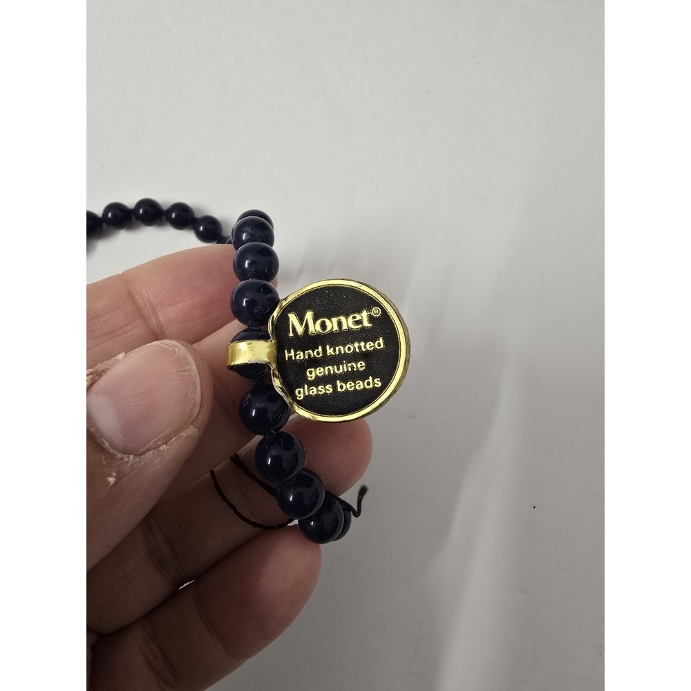 Vtg Monet Navy Blue Glass Beaded Necklace Individually Knotted 16 Inches - Picture 3 of 7
